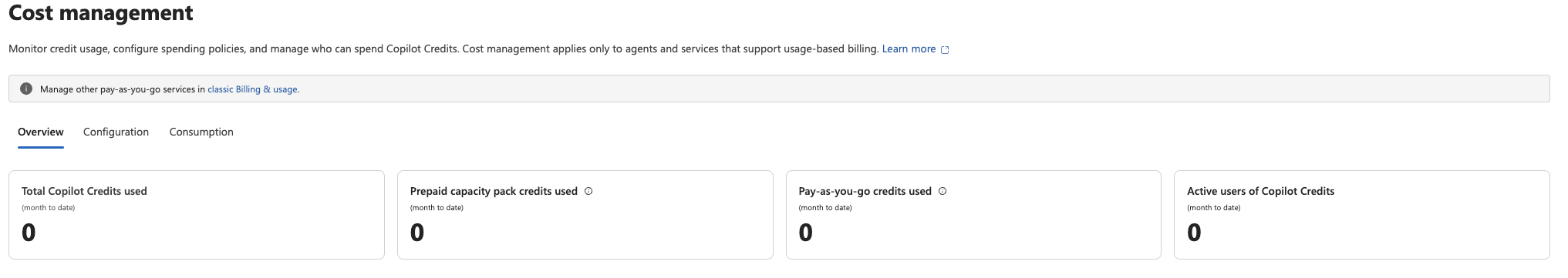Copilot Credits Cost management dashboard